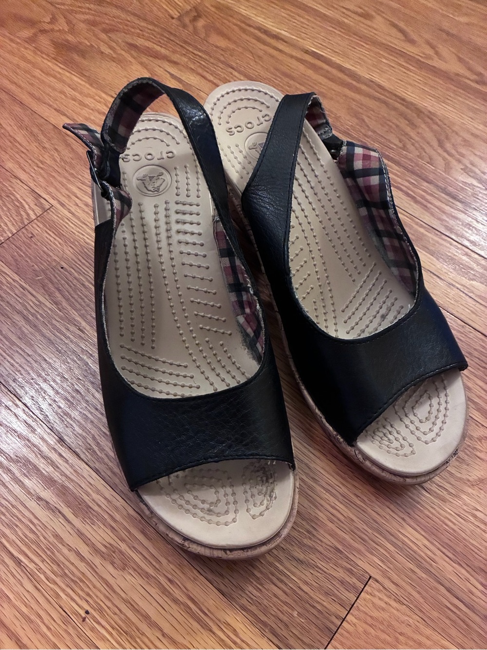 Crocs A-Leigh Black Leather Slingback Cork Wedge Sandals